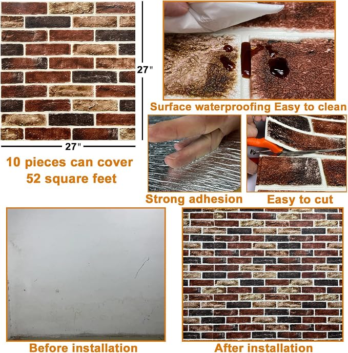 10-Pack 52 Sq.Ft 3D Wall Panels Peel and Stick 3D Faux Brick Wallpaper Peel and - Image 6