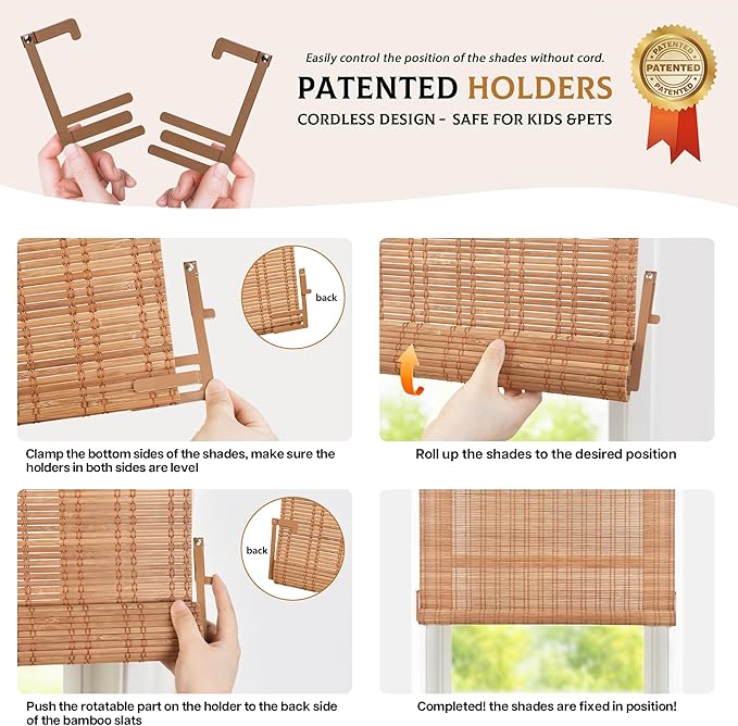 LazBlinds No Tools No Drill Bamboo Roller Shades, Cordless Bamboo Blinds - Image 4
