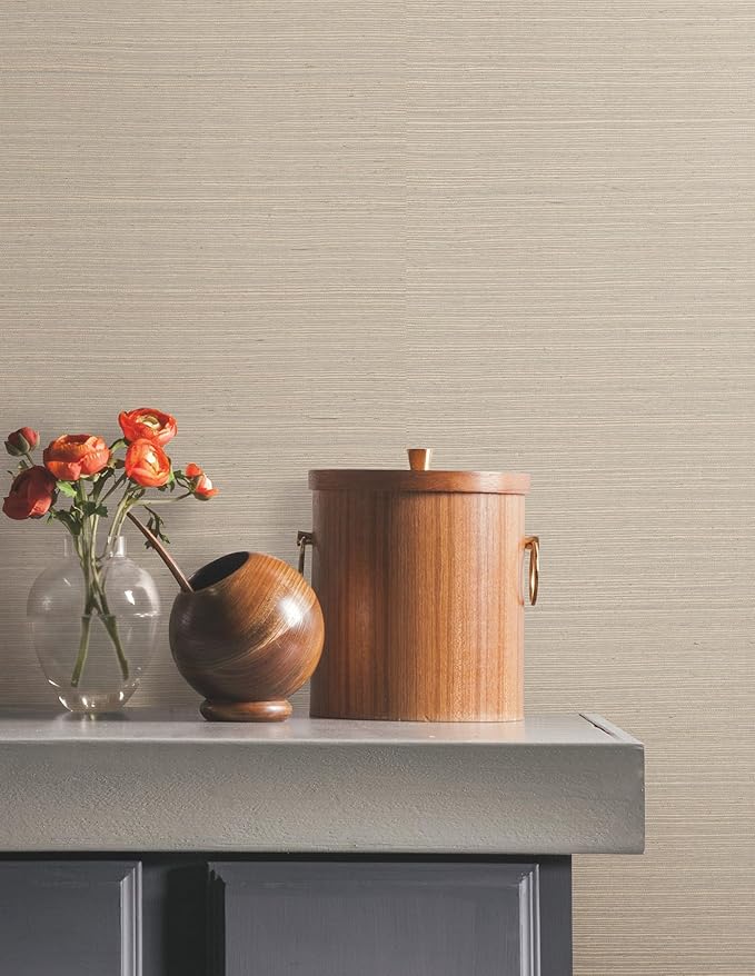 York Wallcoverings Natural Sisal Warm Grey Peel and Stick Grasscloth Wallpaper - Image 2