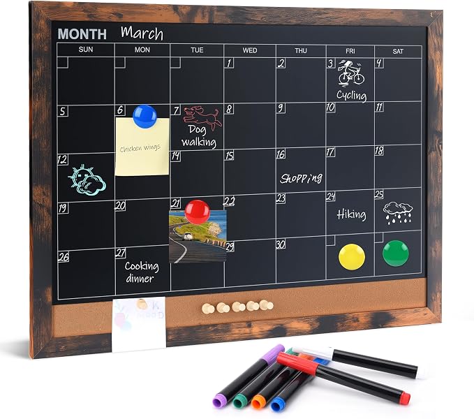 Chalkboard Calendar for Wall, Small Rustic Framed Magnetic Chalkboard & Cork by Marribol