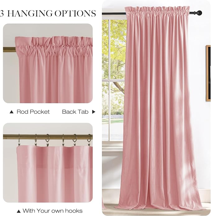 NICETOWN Pink Velvet Curtains 96 inch Length, Blush Pink Room Darkening Thermal - Image 6