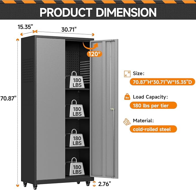 Garage Storage Cabinet with Wheels, Metal Storage Cabinet with 2 Doors and - Image 3