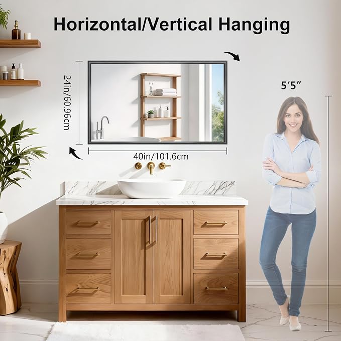 Black Framed Mirror 24"x40", Brushed Black Bathroom Mirrors - Image 2