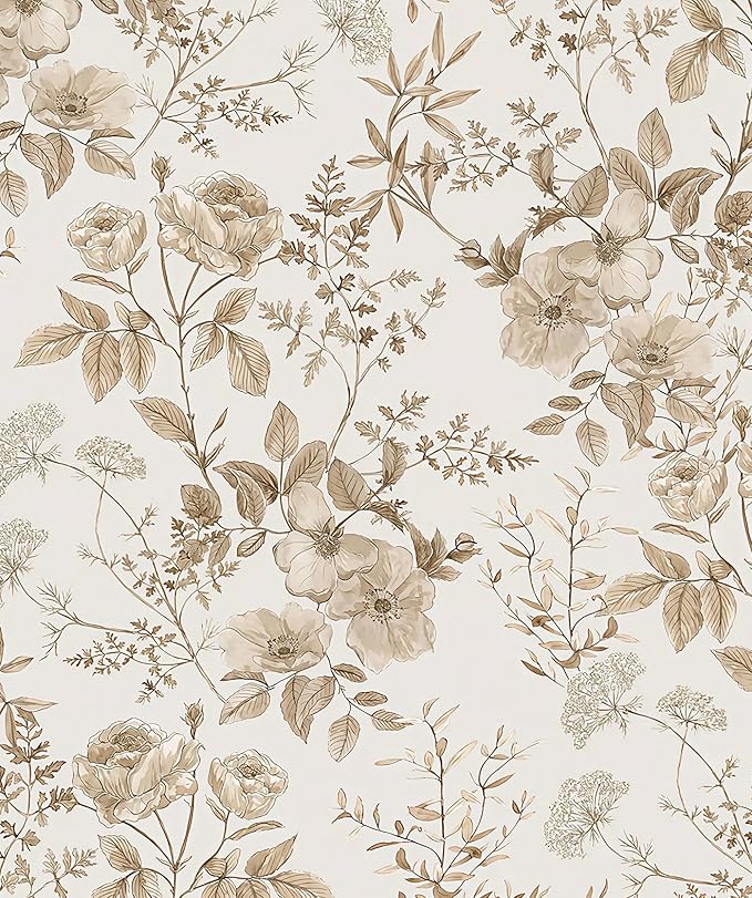 Erfoni 16.9" x394" Beige Floral Peel and Stick Wallpaper Boho Floral Leaf by Erfoni