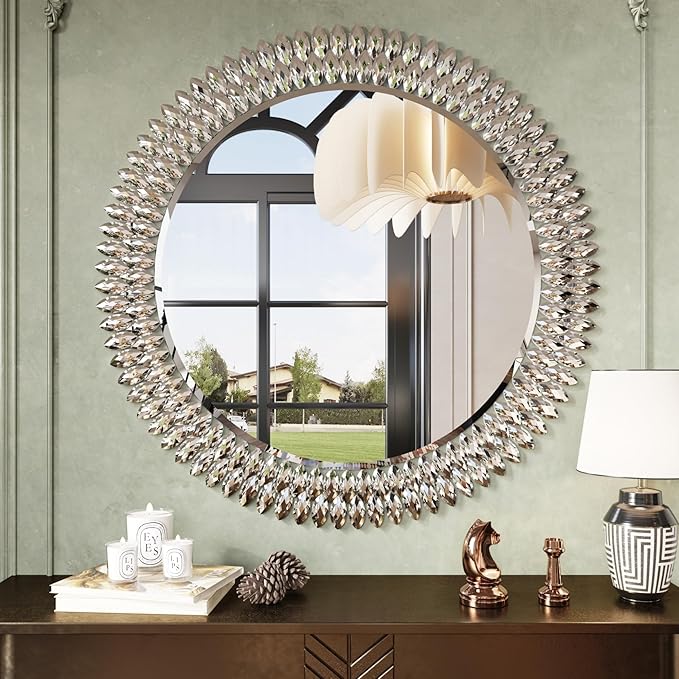 Kelly Miller 36" Large Round Jeweled Wall Mirror, Luxury Diamond Beveled by KellyMiller