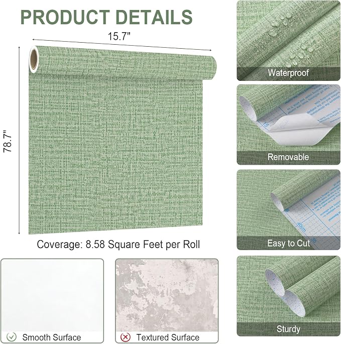 Guvana Grasscloth Peel and Stick Wallpaper Green Textured Contact Paper Modern - Image 7