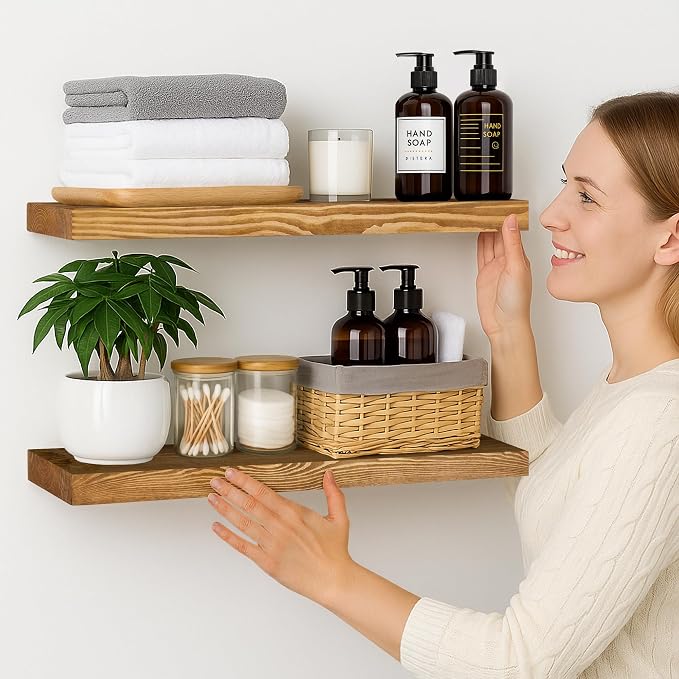 BGMG Wood Floating Shelves for Wall 24 inch Set of 2, Rustic Wooden Wall Mount - Image 2