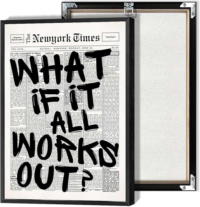 Retro Black And White Newspaper Poster What If It All Works Out Canvas Wall Art by Drimiler