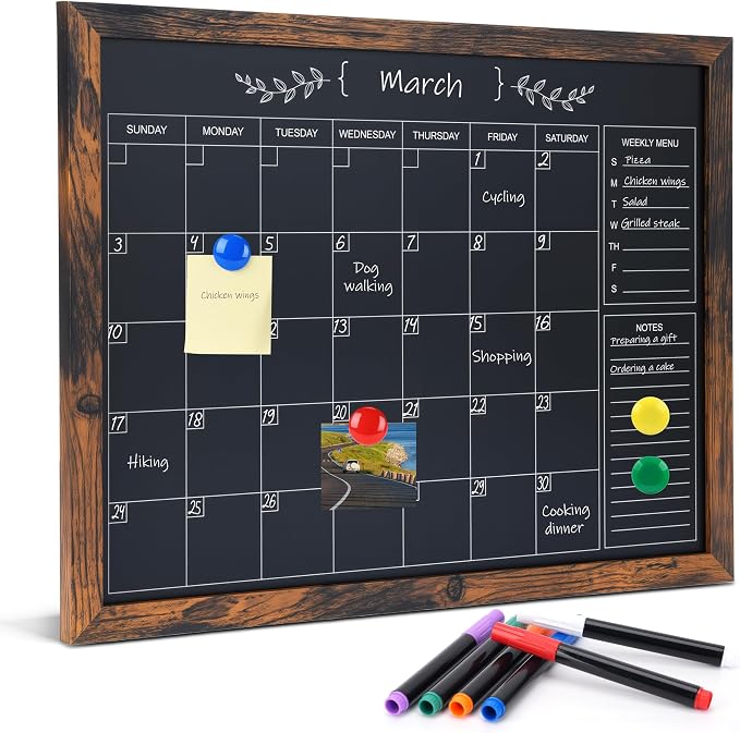 Chalkboard Calendar for Wall, Small Rustic Framed Magnetic Chalkboard for Home by Marribol