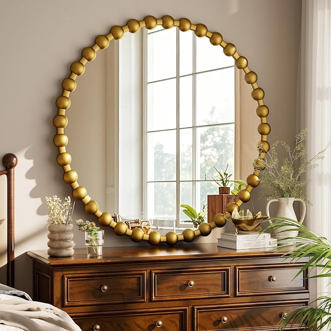 Easly Round Mirror for Wall, 32 Inch Gold Beaded Frame Decorative Vanity Mirror by EASLY