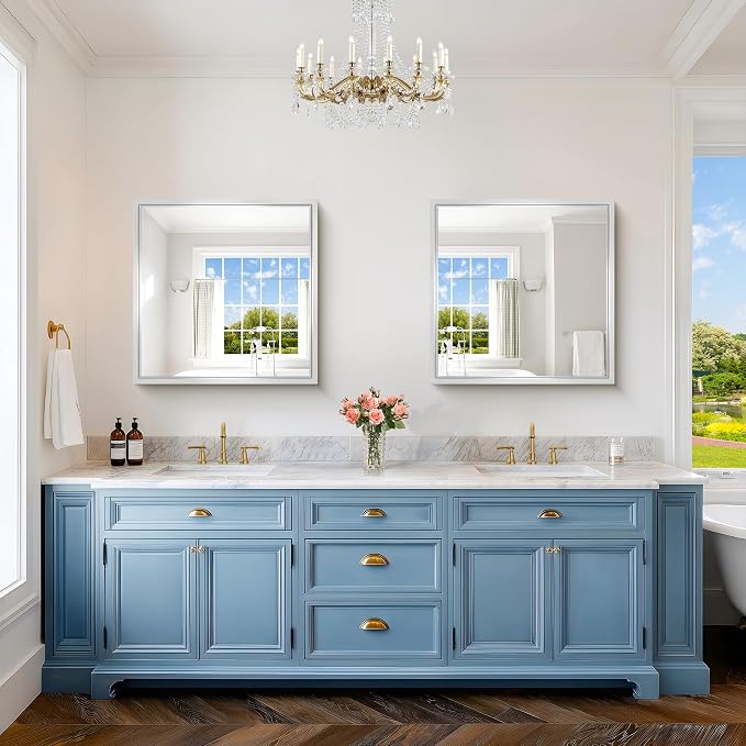 30 x 30 Silver Bathroom Mirror, Brushed Silver Square Mirror - Image 2