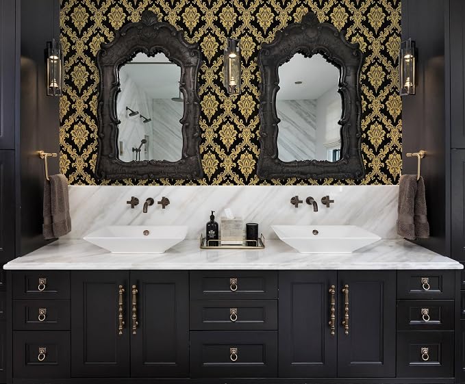 Peel and Stick Wallpaper Black and Yellow Damask Wallpaper - Image 3