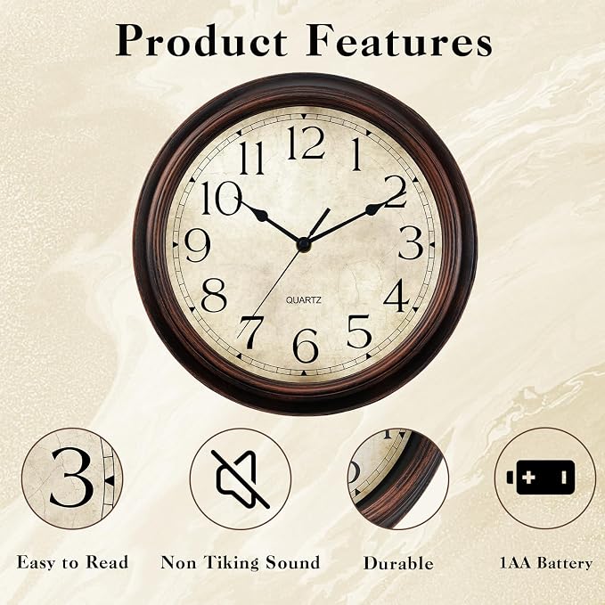 KECYET Wall Clock Battery Operated Vintage Silent Non-Ticking Analog Wall - Image 3