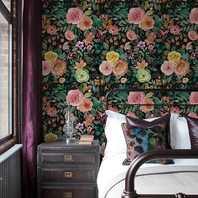 JiffDiff Dark Floral Peel and Stick Wallpaper 236.22" L x 17.7" W Black - Image 4