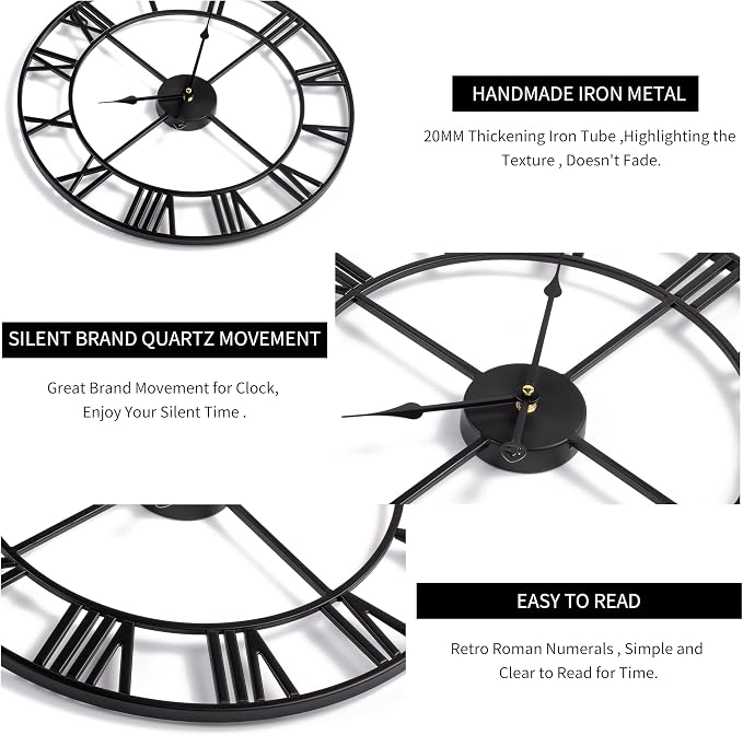 LEIKE Large Wall Clock, Non Ticking, Battery-Operated, Rustic Round Modern - Image 3