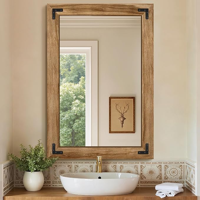 Wooden Bathroom Mirror for Wall, for Farmhouse, Living Room, Entryway Decor by FICTOR