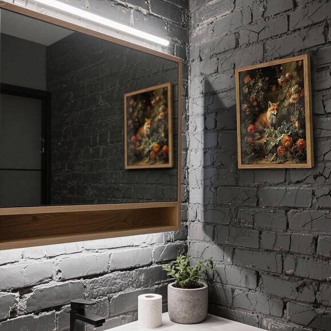 Framed Dark Academia Fox Canvas Wall Art, Sitting Fox Surrounded by Flowers - Image 4