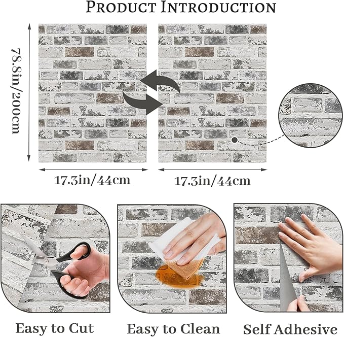 Brick Wallpaper Peel and Stick Wallpaper 17.3"x78.8" Grey and White 3D Brick - Image 3