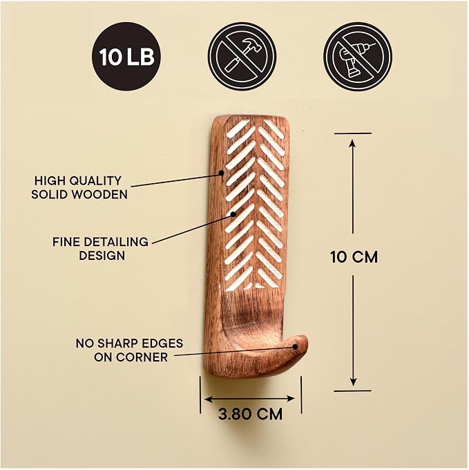 IndianShelf 10 LB- 3 Pieces Decorative Wood Adhesive Wall Hooks–Boho Peel and - Image 7