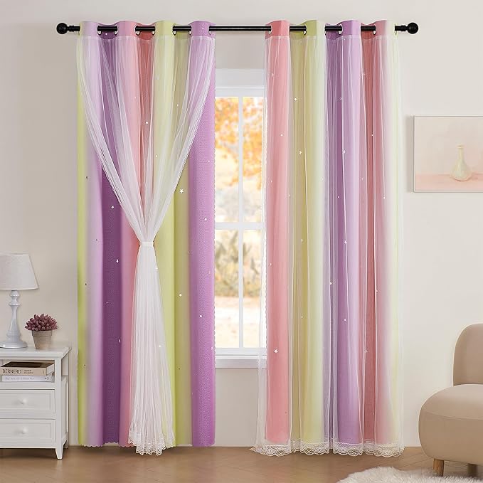 XiDi Curtains for Bedroom Decor, Rainbow Pink PurpleYellow52/96/1 by Addsomecolortolife
