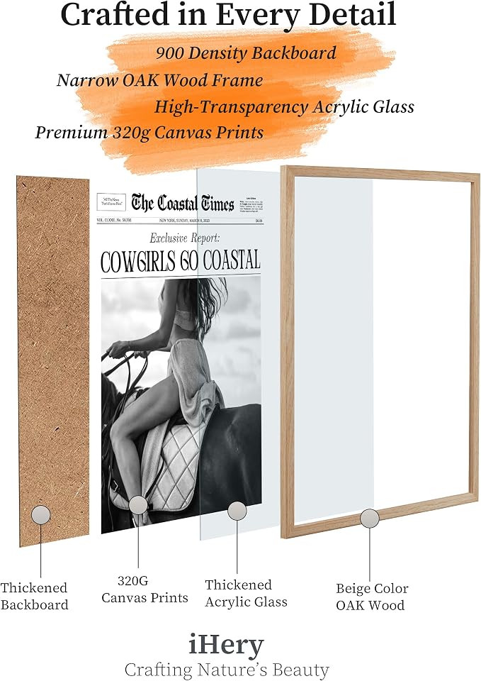 iHery Cowgirls Go Coastal Framed NewsPaper Canvas Wall Art, Natural OAK Wood - Image 3
