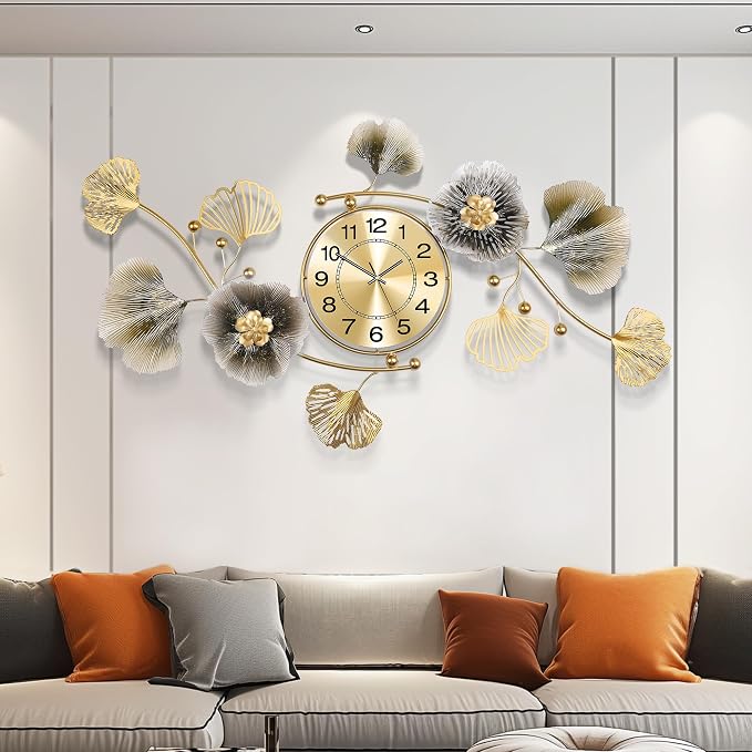 Wall Clocks for Living Room Decor, Large Wall Clock, 3D Creative Metal Ginkgo by Axioglo