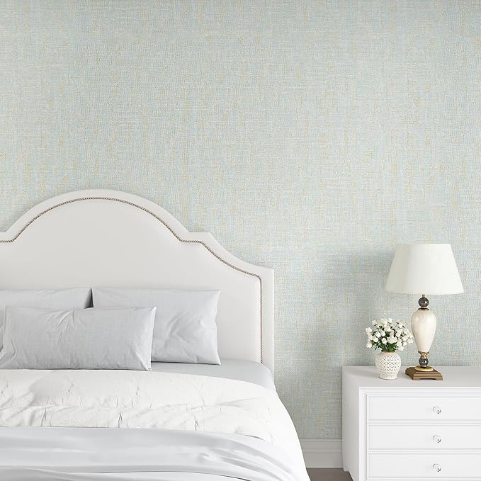 VEELIKE Blue Gold Grasscloth Peel and Stick Wallpaper 15.7''x118'' - Image 3