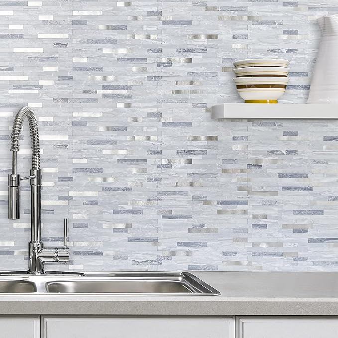 AULIGET 20 Sheets Faux Stone Peel and Stick Backsplash, Light Grey Marble Look - Image 5