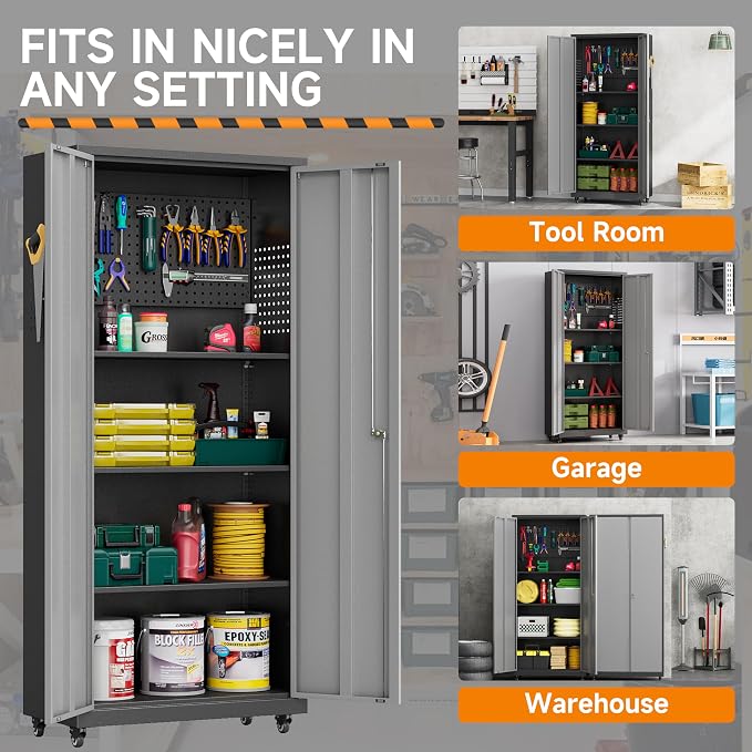 Garage Storage Cabinet with Wheels, Metal Storage Cabinet with 2 Doors and - Image 8