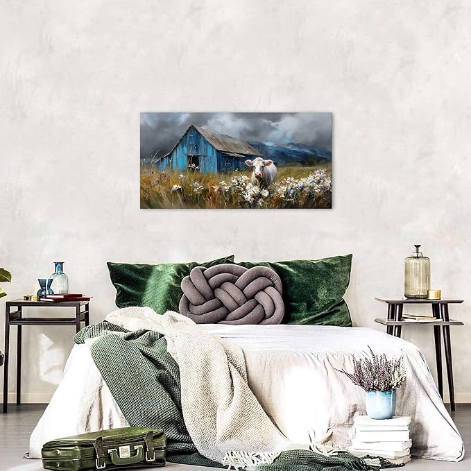 Farmhouse Barn Wall Art Cow Pictures Wall Decor Rustic Blue Barn Landscape - Image 6