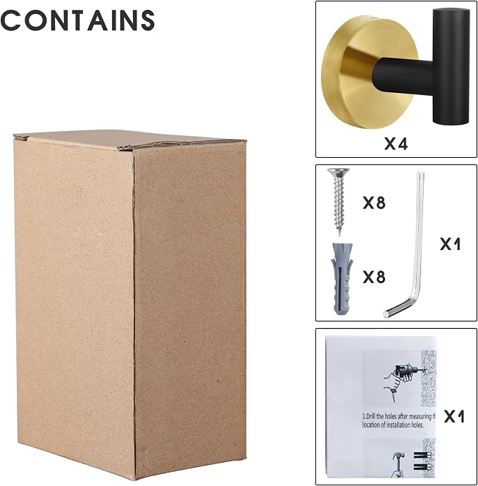 4 Pack Robe Towel Hooks Coat Black Gold Wall Hook Stainless Steel Heavy Duty - Image 7