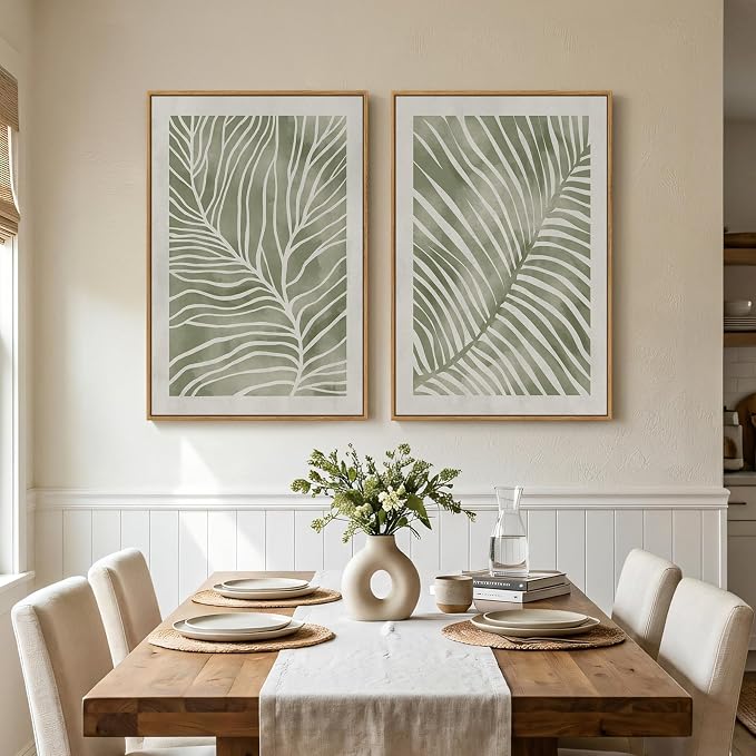 Framed Green Abstract Botanical Wall Art, 2 Piece Tropical Plant Canvas - Image 4
