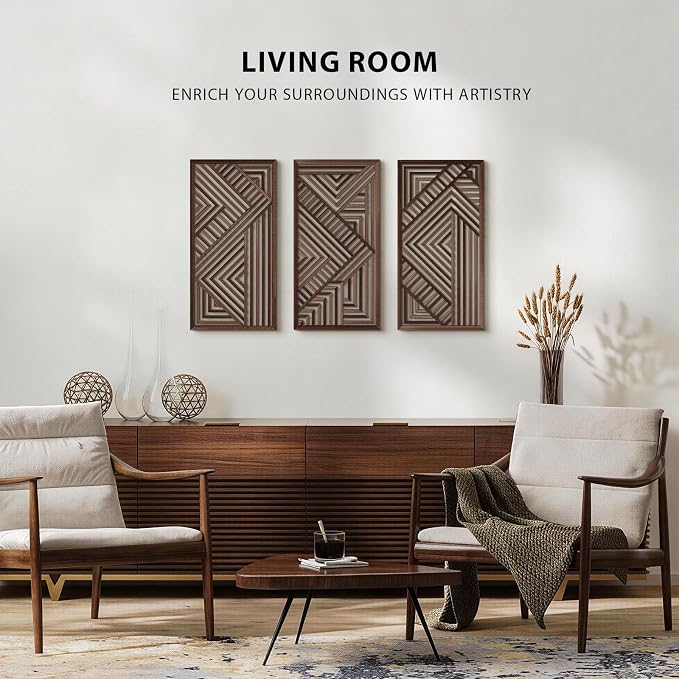 VIYYIEA Boho Solid Wood Carved Wall Art Set of 3, Geometric Minimalist Wooden - Image 5
