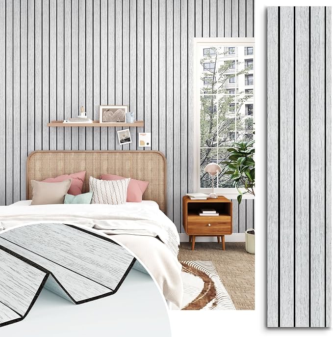 White/Grey Wood Slat Panels for Interior Wall Decor Self Adhesive Textured 3D by STICKEEP