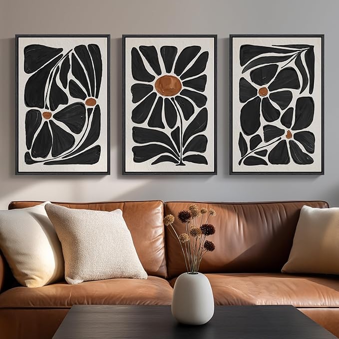 Framed Black and White Abstract Wall Art, 3 Piece Black Boho Floral Botanical by Cuspin