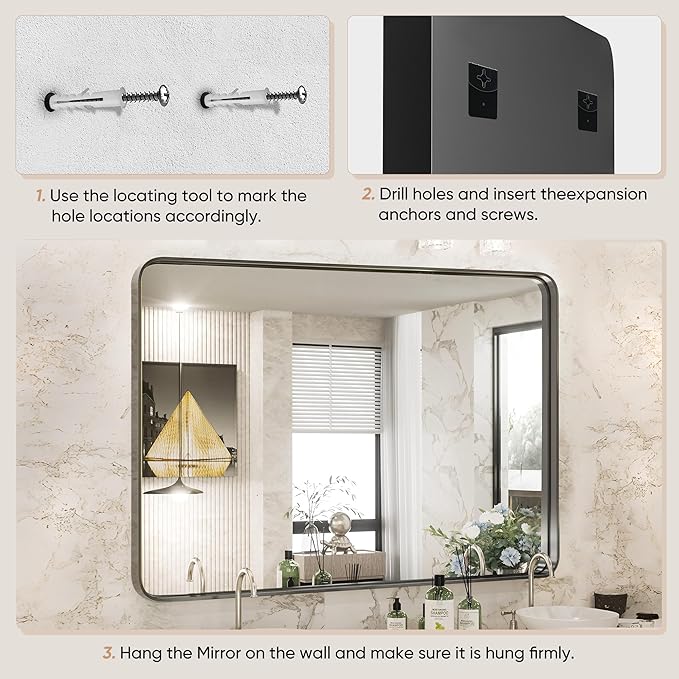 DUMOS Black Metal Framed Vanity Rounded Rectangle Bathroom Mirrors - Image 5