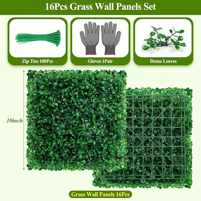 16 Pcs 10" X 10" Artificial Grass Wall Panels, UV-Resistant Fake Boxwood Panels - Image 2