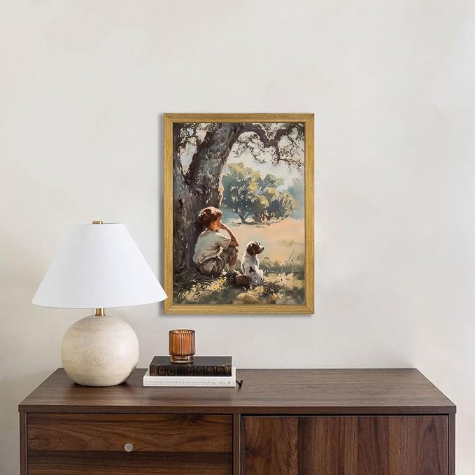 Wood Framed Canvas Wall Art, Vintage Boy and Dog Painting Poster, Countryside - Image 8