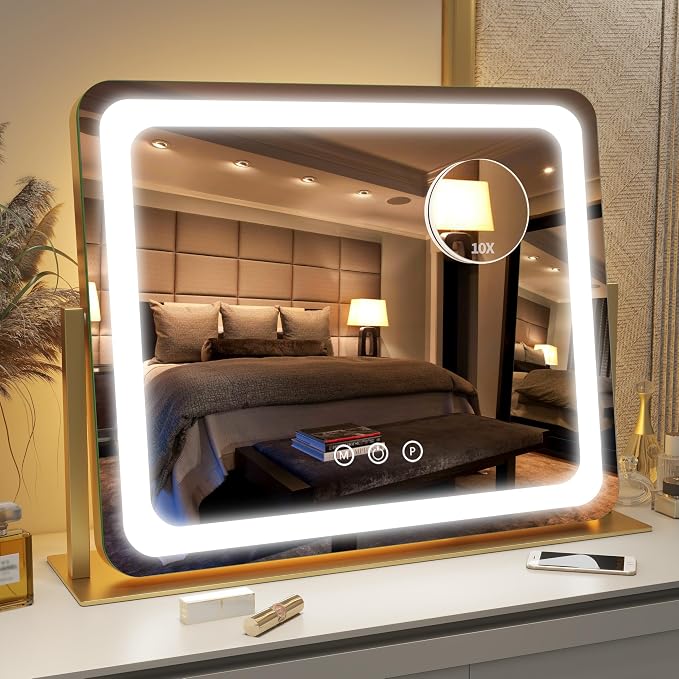 FENNIO Gold Vanity Mirror with Lights 22"x19", LED Lighted Makeup Mirror by FENNIOLEDMIRRORS