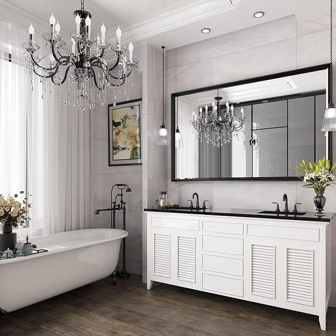48 x 30 Black Framed Mirror for Bathroom, Beveled Black Bathroom Vanity Mirror - Image 6