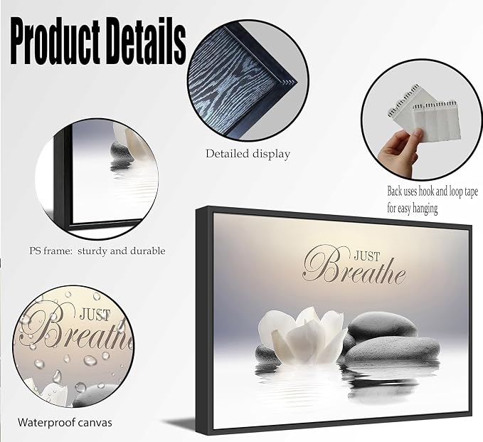 Floating Framed Zen Wall Art, Just Breathe Stone Poster Picture - Image 2