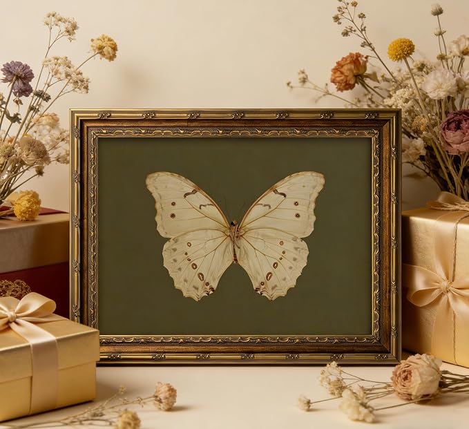 Vintage Gold Framed Wall Art Retro White Butterfly Canvas Print Dark Green - Image 7