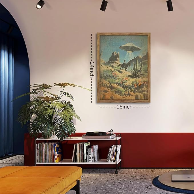 Framed Vintage Intergalactic Western Canvas Wall Art, Alien UFO Abducting Cowboy - Image 3