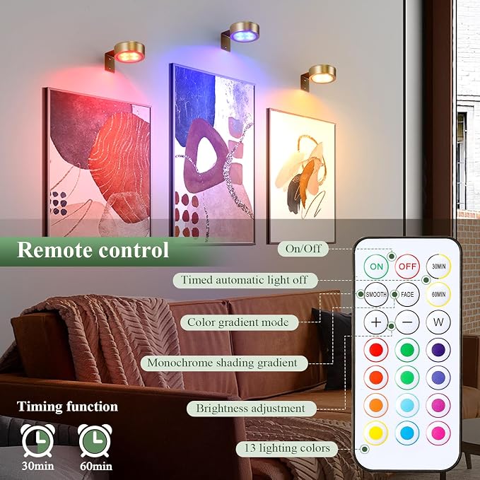 4-Pack Picture Light Battery Operated Painting Lights, 13 Color RGB Magnetic - Image 6
