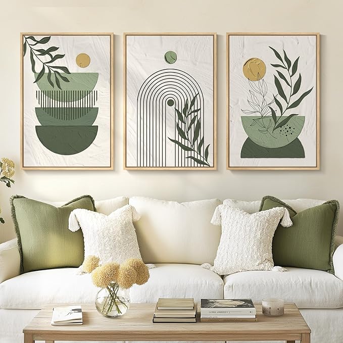 Framed Sage Green Boho Wall Art Bedroom, 3 Piece Bohemian Botanical Paintings by Cuspin