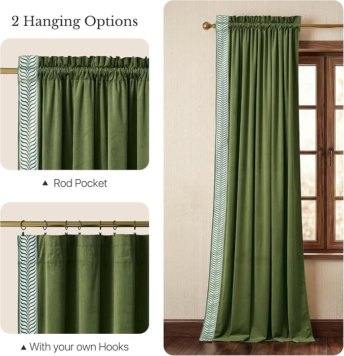 NICETOWN Rod Pocket Embroidered Trim Velvet Curtains, 2 Panels, Olive Green - Image 8