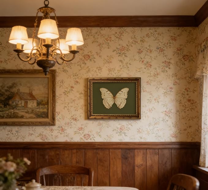 Vintage Gold Framed Wall Art Retro White Butterfly Canvas Print Dark Green - Image 8