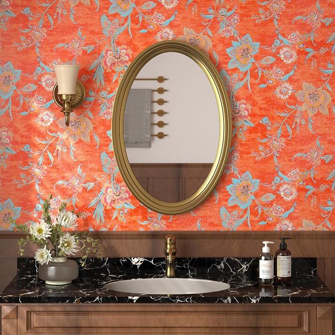 FunStick 17.5"x118" Vintage Floral Peel and Stick Wallpaper Orange Red Wall - Image 3