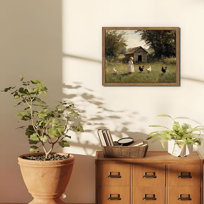 Vintage Country Framed Wall Art, Little Girl and Chick Canvas Prints, Rustic - Image 2