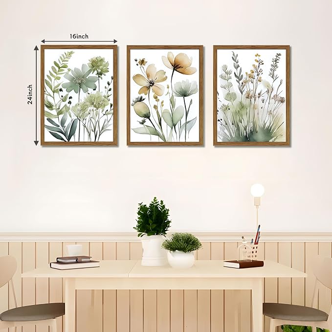 Wood Framed Sage Green Botanical Wall Art Set of 3, Boho Floral Canvas Wall - Image 3